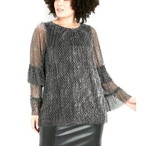 EVANS 14W Black Plisse Frill Sleeve Top with Metallic thread W07.5